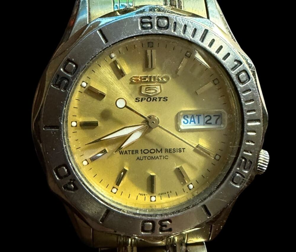 Seiko 5 Sports Automatic Gold Tone Diver Style Watch 7S26A Day/Date 100M WR